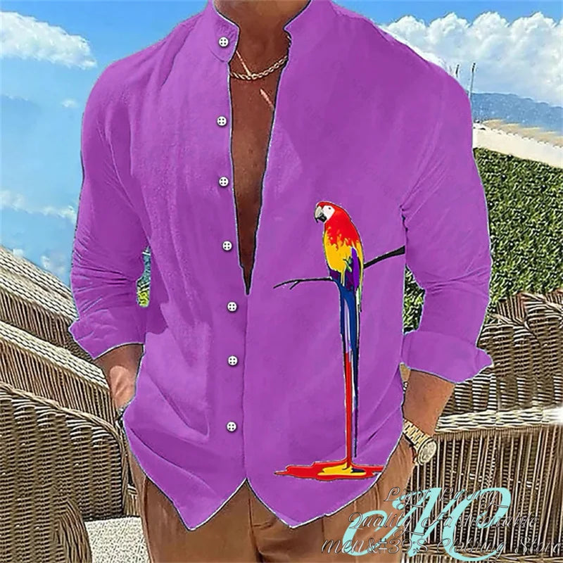 15 Color Men's Shirt Long-Sleeved Shirt 3D Printing Parrot Pattern Standing Collar Clothing Fashion Casual XS-6XL Size