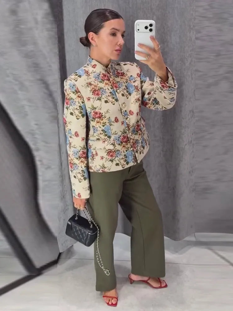 Women Cropped Floral Print Jacket Stand Collar Long Sleeve Button Front Pockets Vintage Loose Short Coat 2026 Autumn Chic Blazer