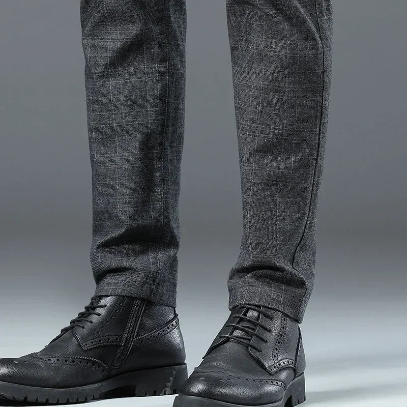 Business Men Pants Spring Autumn Korea Cotton Comfortable Elastic Plaid Casual Fashion Trousers Male Clothing Suit Pant