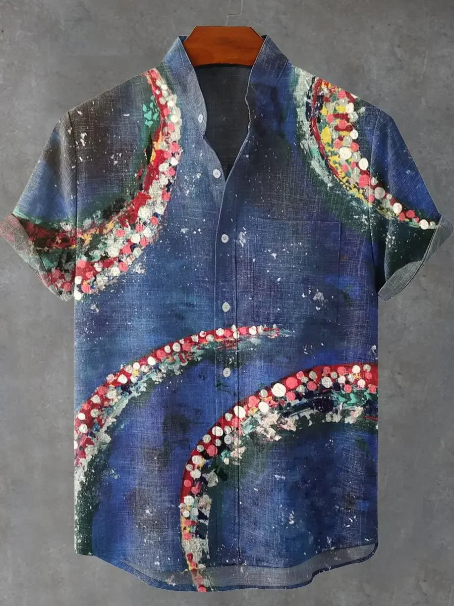 New Men's Casual Short-Sleeved Lapel Shirt with 3D Sunset Print Fashionable Pattern Comfortable Shirt Top