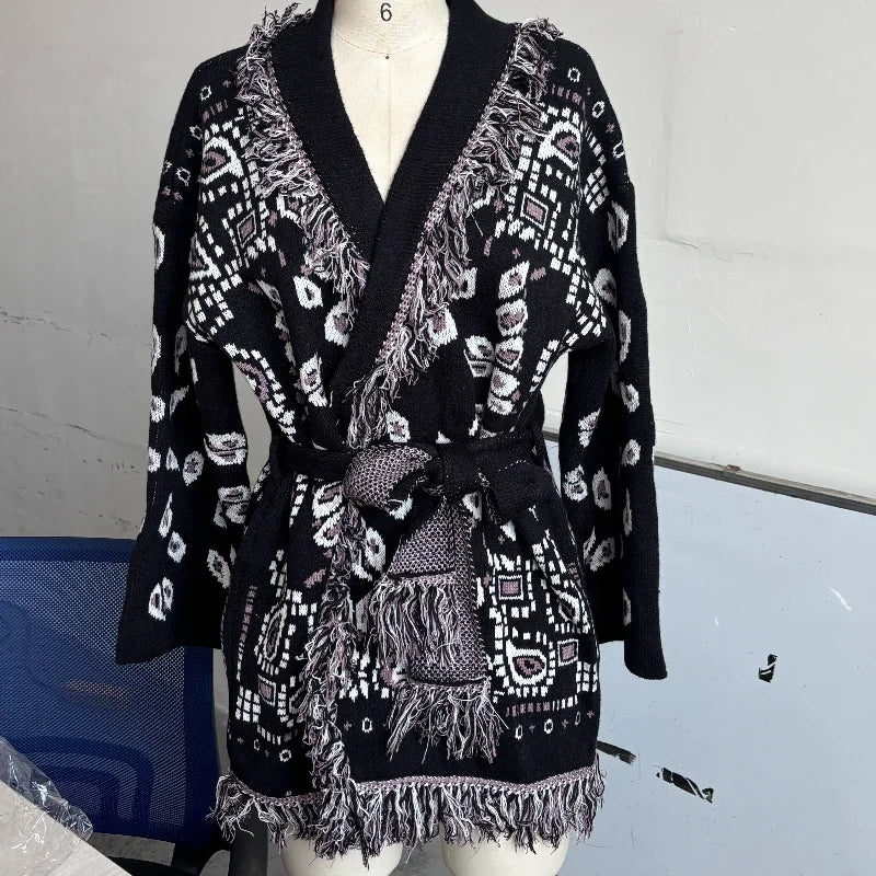 Knitted Print Lace-up Cardigan Coat Women's Elegant V-neck Tassels Full Sleeve Belted Sweaters 2026 Autumn New Ladies Outwear