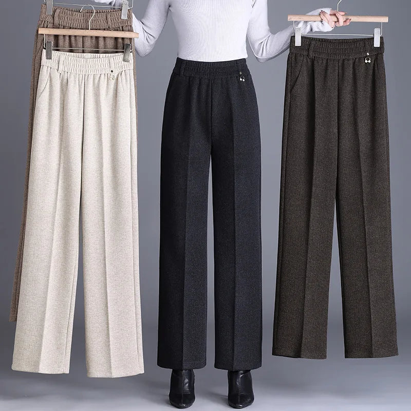 Thick Woolen Mom Pants High Waist Straight Leg Casual Trousers for Middle-Aged Women Autumn Winter Fashion Comfortable Fit
