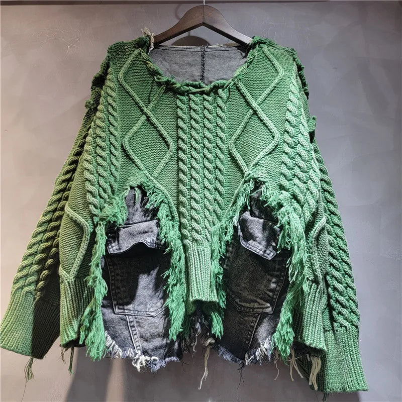 2025 Autumn New Denim Patchwork Knitted Pullover Sweater for Women, Loose Slimming Washed Vintage Top Trendy