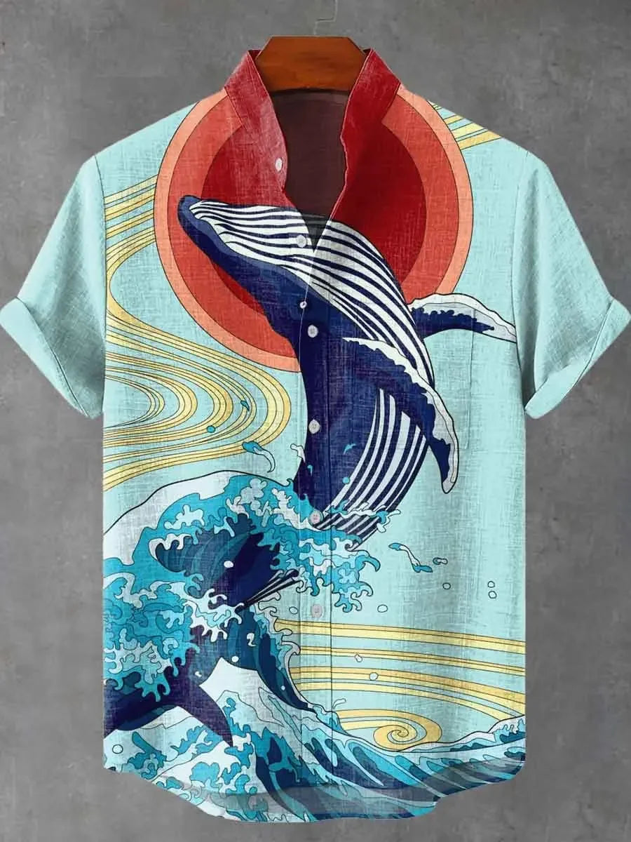 New Men's Casual Short-Sleeved Lapel Shirt with 3D Sunset Print Fashionable Pattern Comfortable Shirt Top