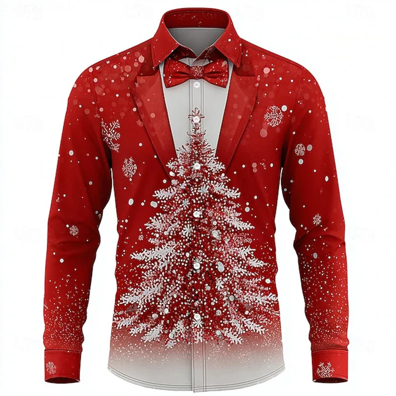 Men's Christmas shirt, casual fashion design, holiday party men's top, long sleeve lapel men's high-end clothing XS-6XL size