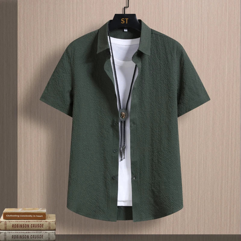 Men's Shirts Seersucker Short Sleeve Male Shirts Summer Casual Business Textured Solid Button Up Office Top