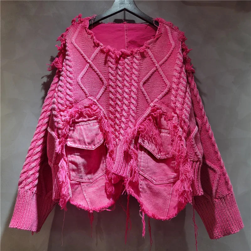 2025 Autumn New Denim Patchwork Knitted Pullover Sweater for Women, Loose Slimming Washed Vintage Top Trendy
