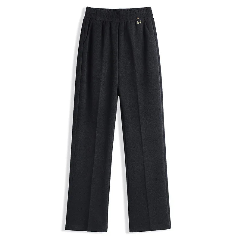 Thick Woolen Mom Pants High Waist Straight Leg Casual Trousers for Middle-Aged Women Autumn Winter Fashion Comfortable Fit