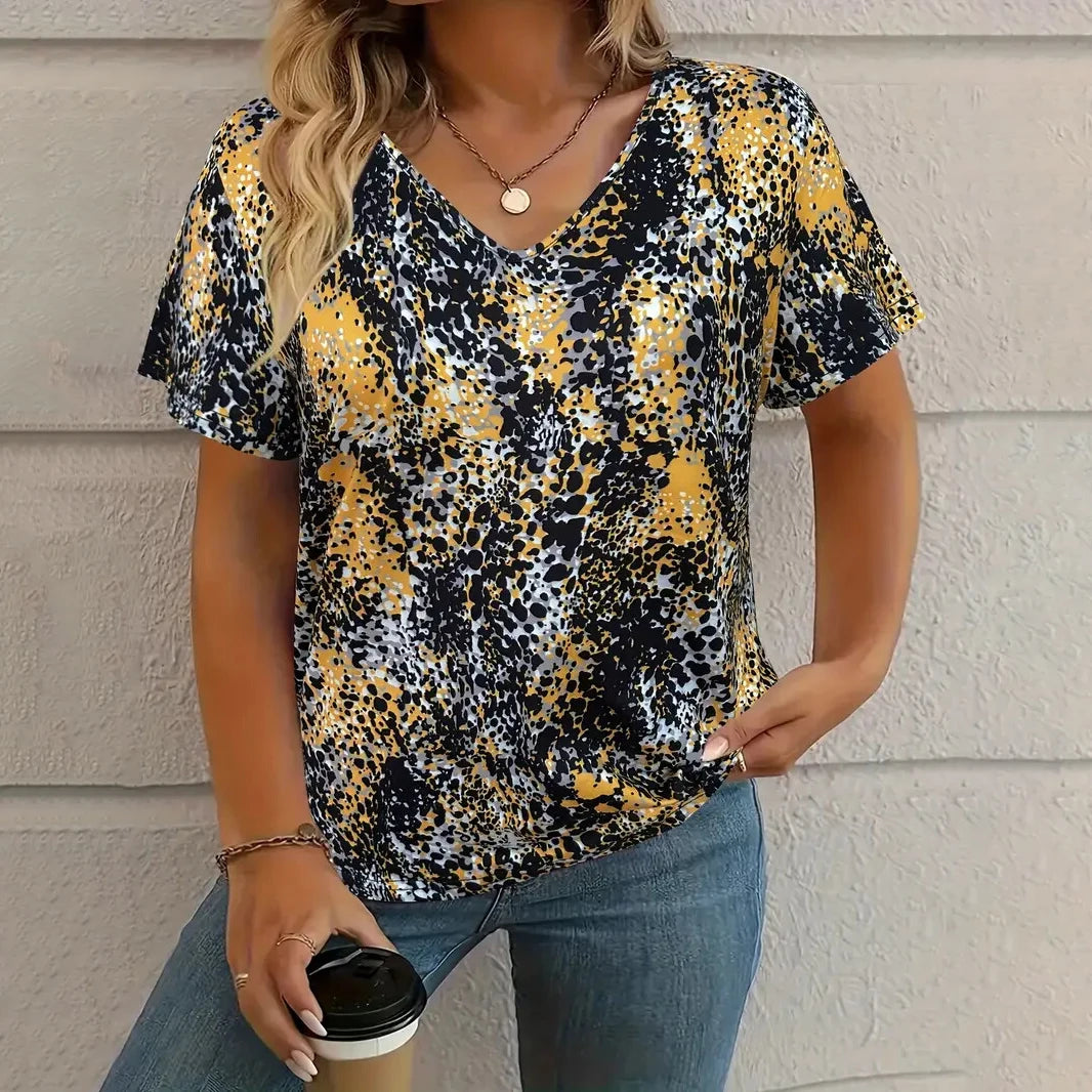 Women's T-shirt Summer V-neck Short Sleeve Tops Graphic Print Outdoor T-shirt Female Casual Oversized Clothing Streetshirts