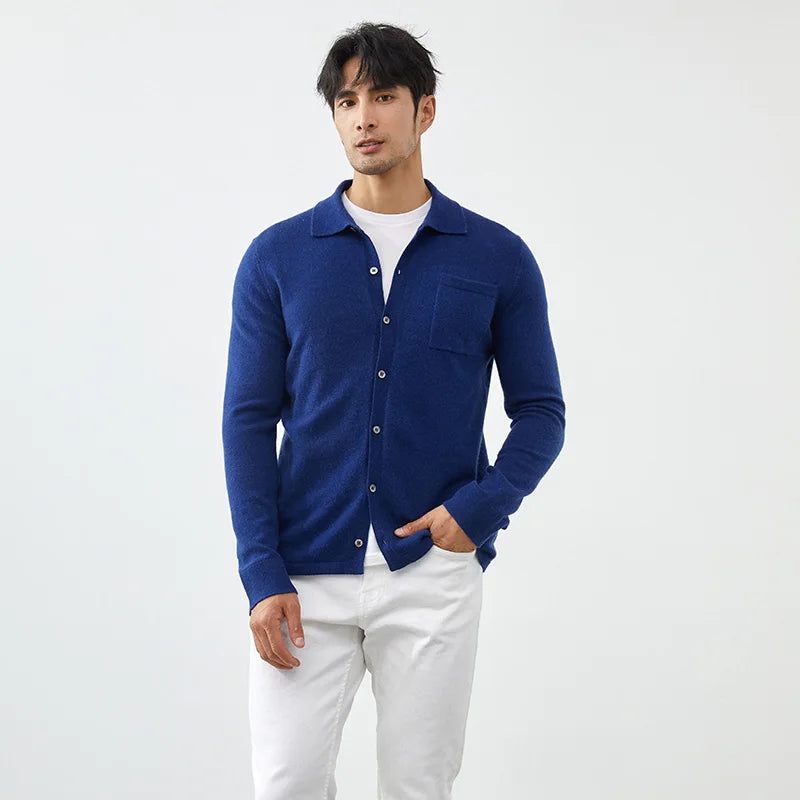 Autumn Winter New Men's 100% Cashmere Sweater Knitted Cardigan Solid Color Long Sleeved POLO Collar Shirt Jacket Casual
