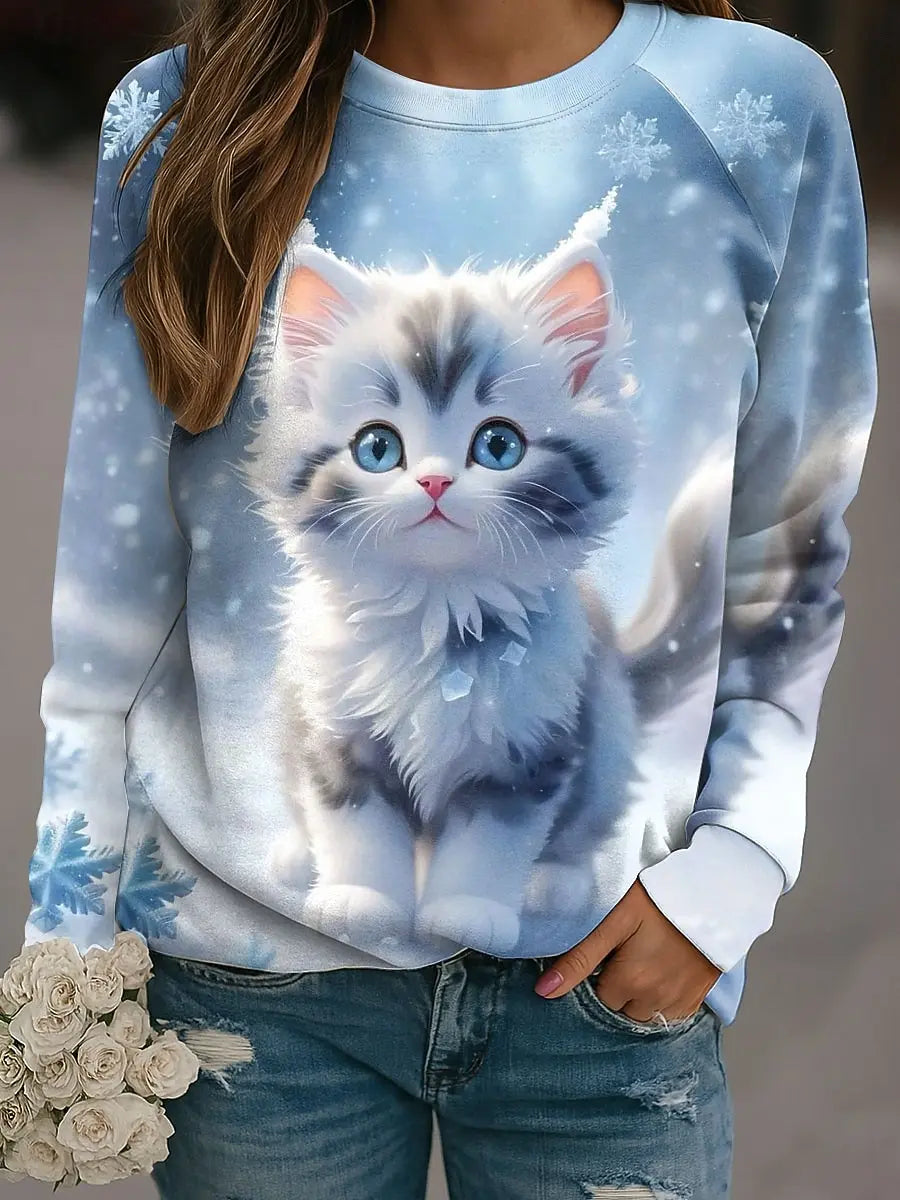 Fall Winter Pullover Women's Cute Cat Graphic Sweatshirt Trendy 3D Print O-Neck Long Sleeve Tops  Women's Apparel Y2K Streetwear