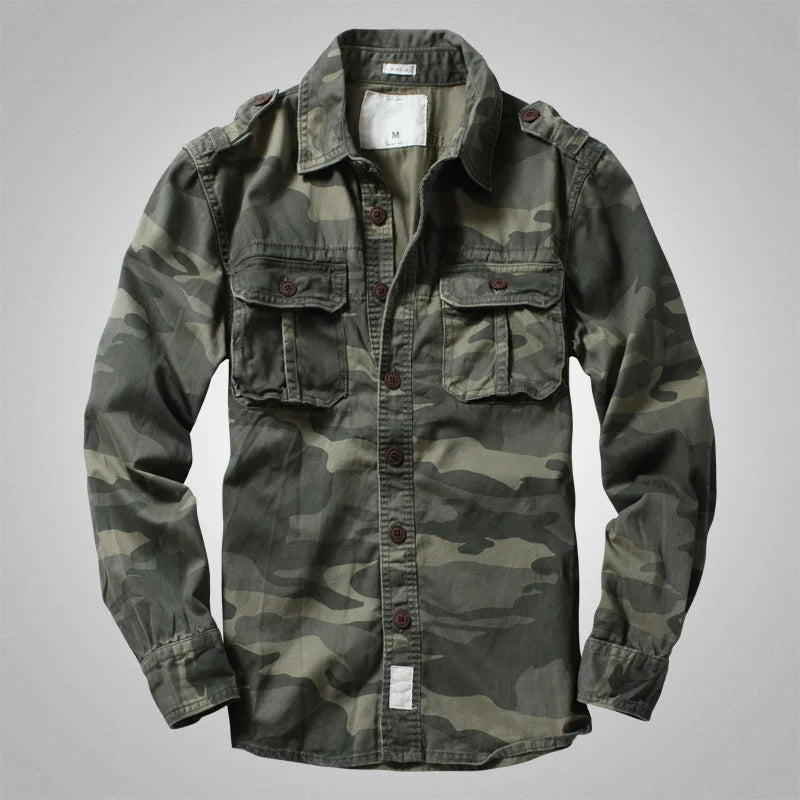 American Heavy Retro Men's Long Sleeved Camouflage Shirt Outdoor Cargo Casual Multi Pocket Work Shirt Coat for Male