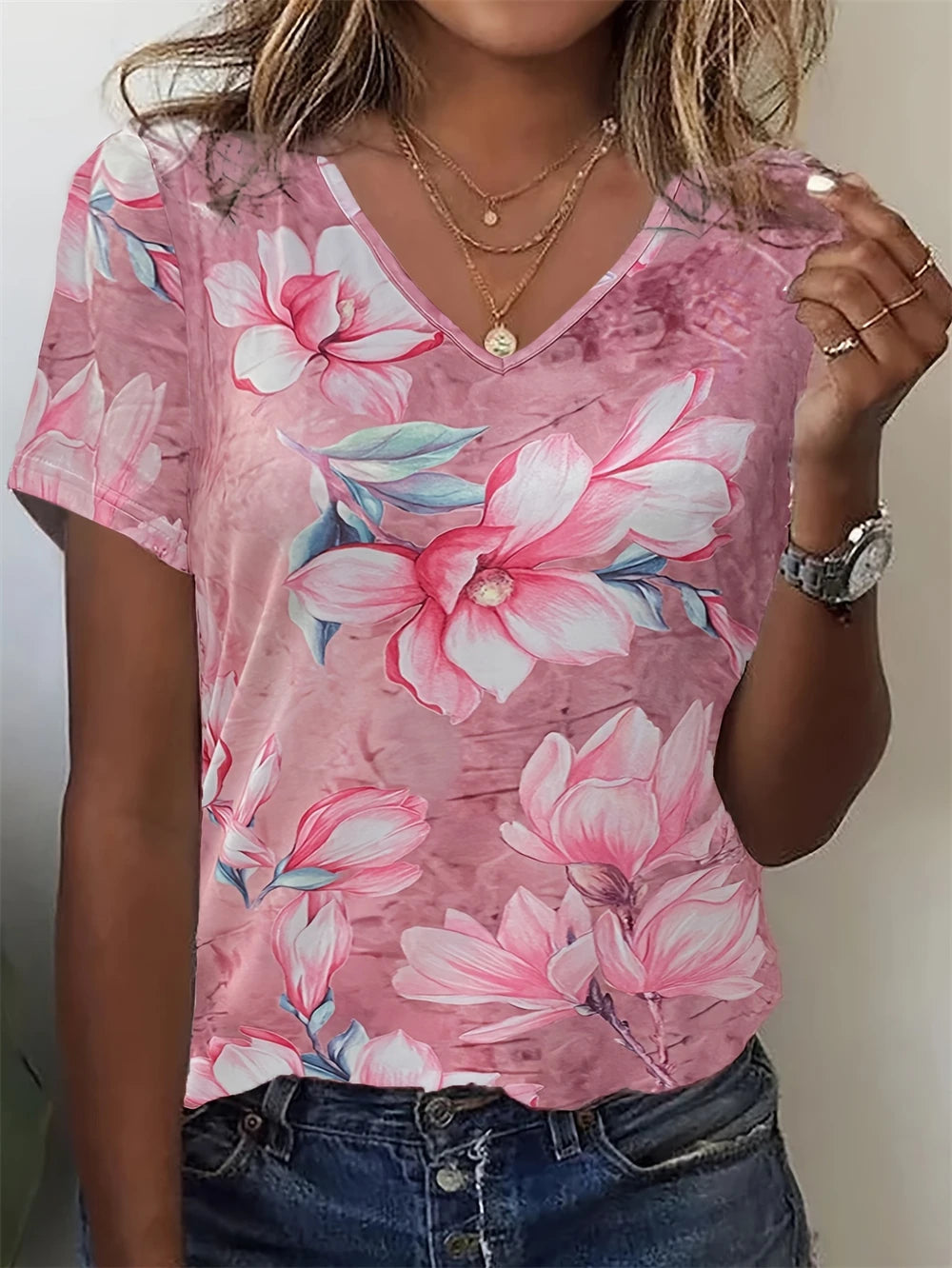 Summer Large Size Women's T-Shirt Fashion Blue Flowers Print Leisure Elegant V-Neck T-Shirt Daily Comfortable Women's T-Shirt