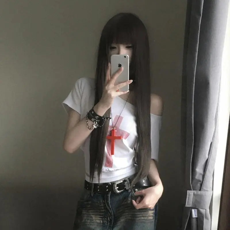 Seeslim Gothic Off Shoulder Cross Graphic T Shirts 2000s Clothes Y2k Short SLeeve Tees Female Clothing Goth Summer Tops T-shirt