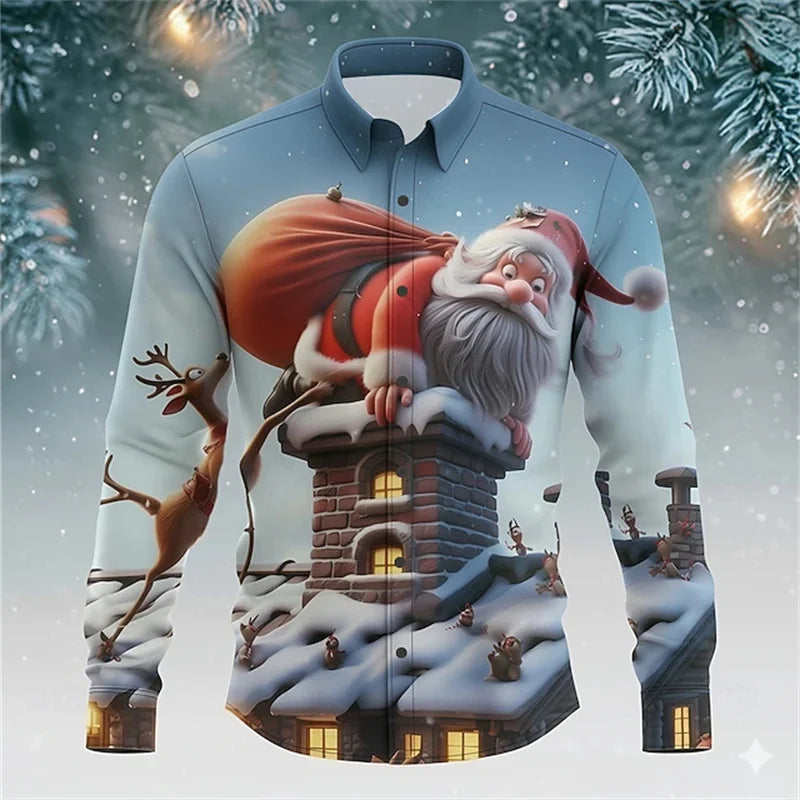 Christmas men's reindeer bell fun Christmas shirt long-sleeved button shirt Christmas gift autumn and winter collar shirt