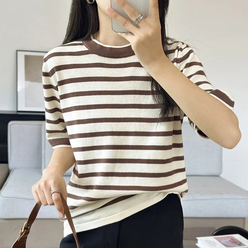 Summer New 100% Pure Cotton Knitted Short Sleeved Casual Women's T-Shirt Round Neck Loose Tees Striped Pullover Tops Cool