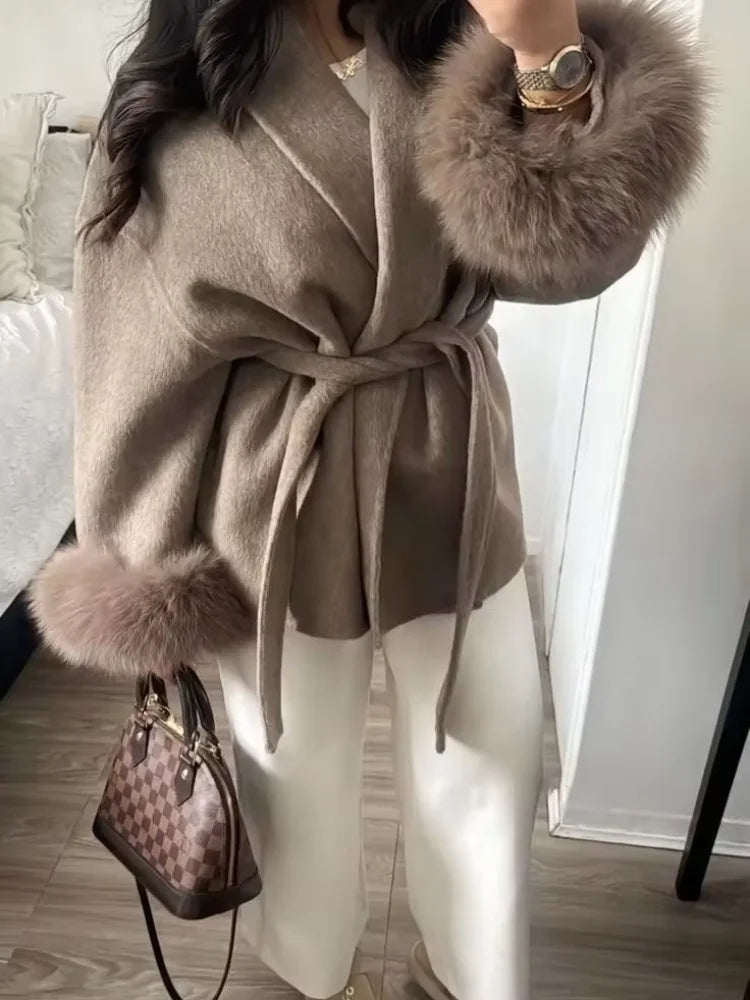 Blue Lace Up Plush Fur Sleeve Jacket Women Elegant Medium Length V-neck Woolen Coat New Autumn Casual Fashion Commuter Outwear