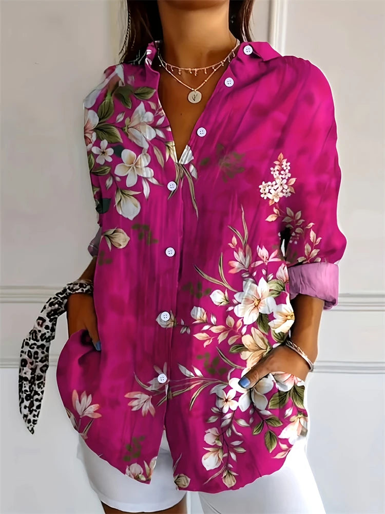New Summer Fashion Women's Lapel Shirt Big Size Button Long Sleeve Daily Weekend V Neck Tops Floral Printed Loose Casual Shirt