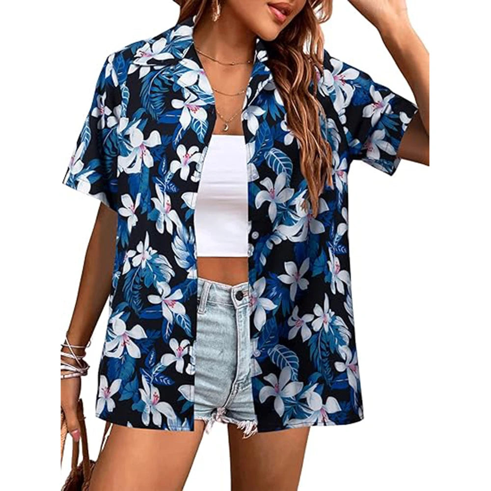 New Women's Short Sleeve T-shirt Fashion 3D Floral Print Hawaiian Style Casual Basic T-shirt Summer Lapel Short Sleeve Shirt