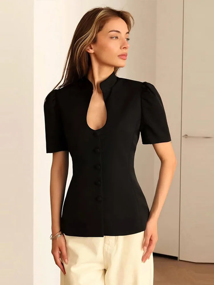 Short Sleeve Elegant Suits Coat Women Single Breasted V-neck Commute 2025 Autumn Female Blazer Street Solid Slim Lady Tops