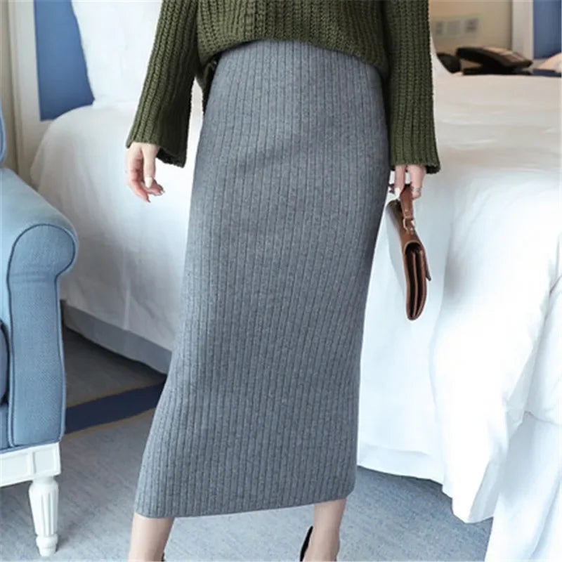 Hight Quality Autumn Winter Woolen Skirts Slim Belt Office Long Midi Skirt Step Pencil Skirt Knitted wool skirt PZ1193