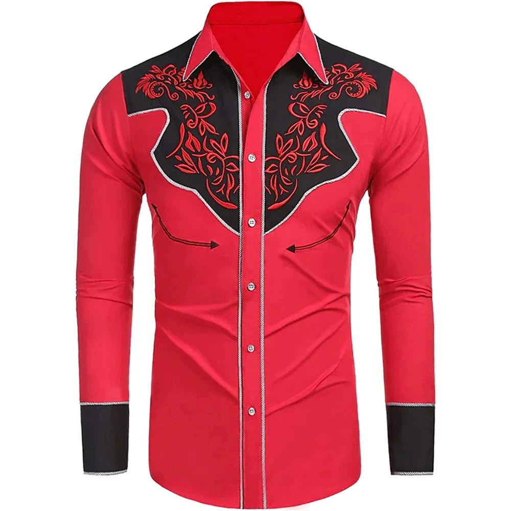 2025Fashion Men's Western Printed Long -sleeved Lapel Single -breasted Shirt Casual Social Men's Club Street Clothing