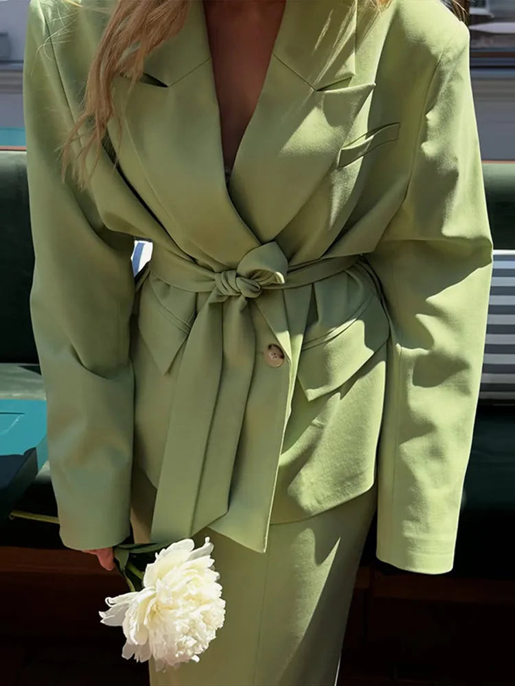 Urban Solid Coat Skirt Women Set Elegant Lapel Long Sleeve Belt Jacket Split Hip Package Skirts 2026 Autumn Winter Lady Outfit