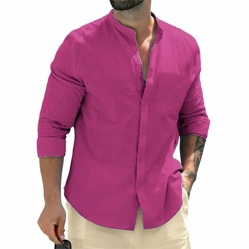 Men's shirt, long-sleeved shirt, solid color, round neck, single-breasted shirt, outdoor casual business office clothing, large