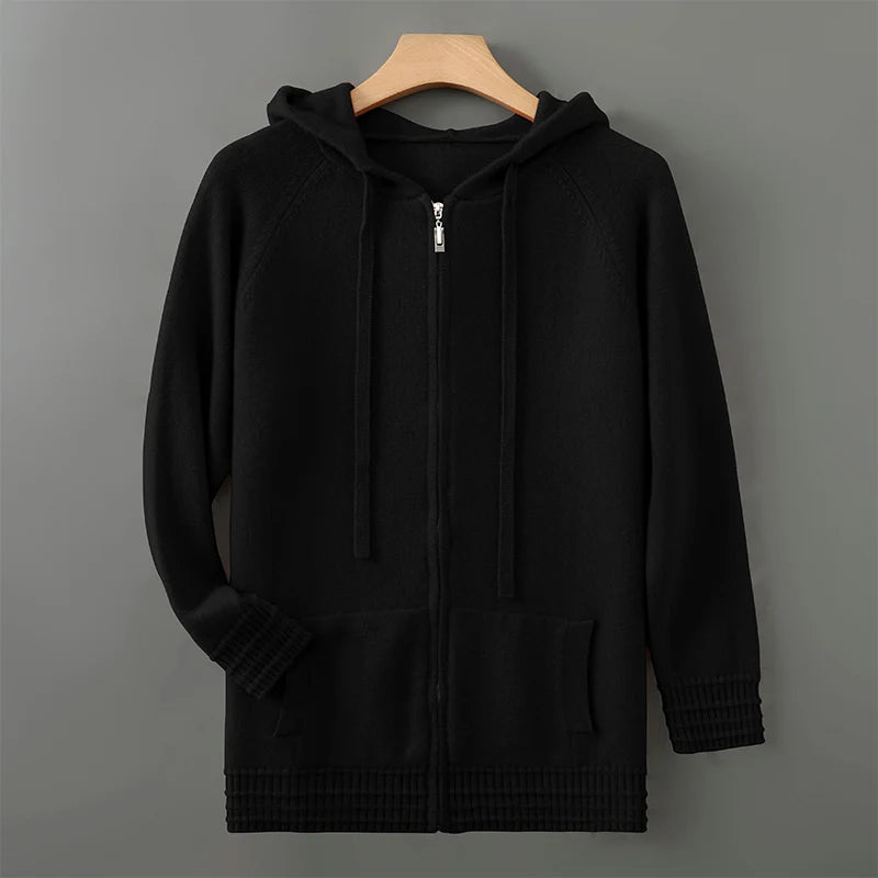 S-XXXL Autumn and winter 2025 new 100% Merino wool knitted cardigan men's hooded sweater casual high-end jacket full sleeves