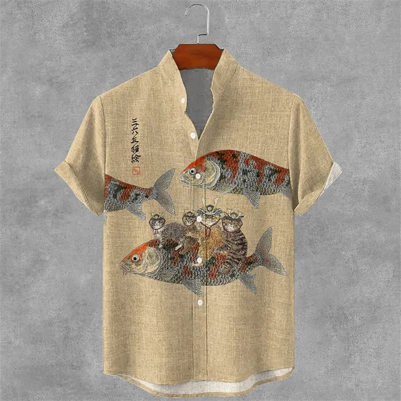 Cartoon Cat Short Sleeve Shirt Vintage Art Fish Print Men's Summer Shirt Casual Holiday Street Clothing New Collection