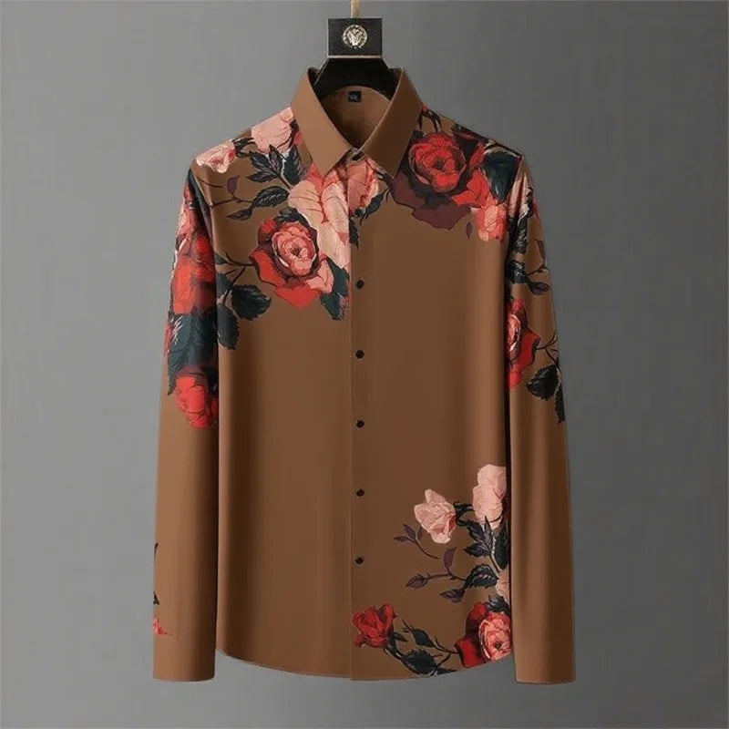 12 Colors Men's Vintage Floral Print Long Sleeve Shirt Spring Daily Going Out Clothing High Quality Luxury Print Lapel Shirt 6XL