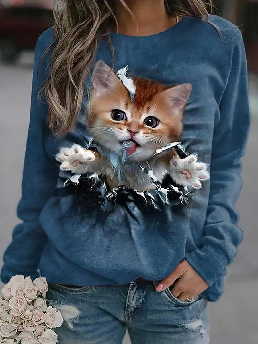 2025 Women's Animal Cat Graphic Sweatshirts 3D Prints O-Neck Long Sleeve Tops Women's Apparel Y2K Streetwears Fall Pullover