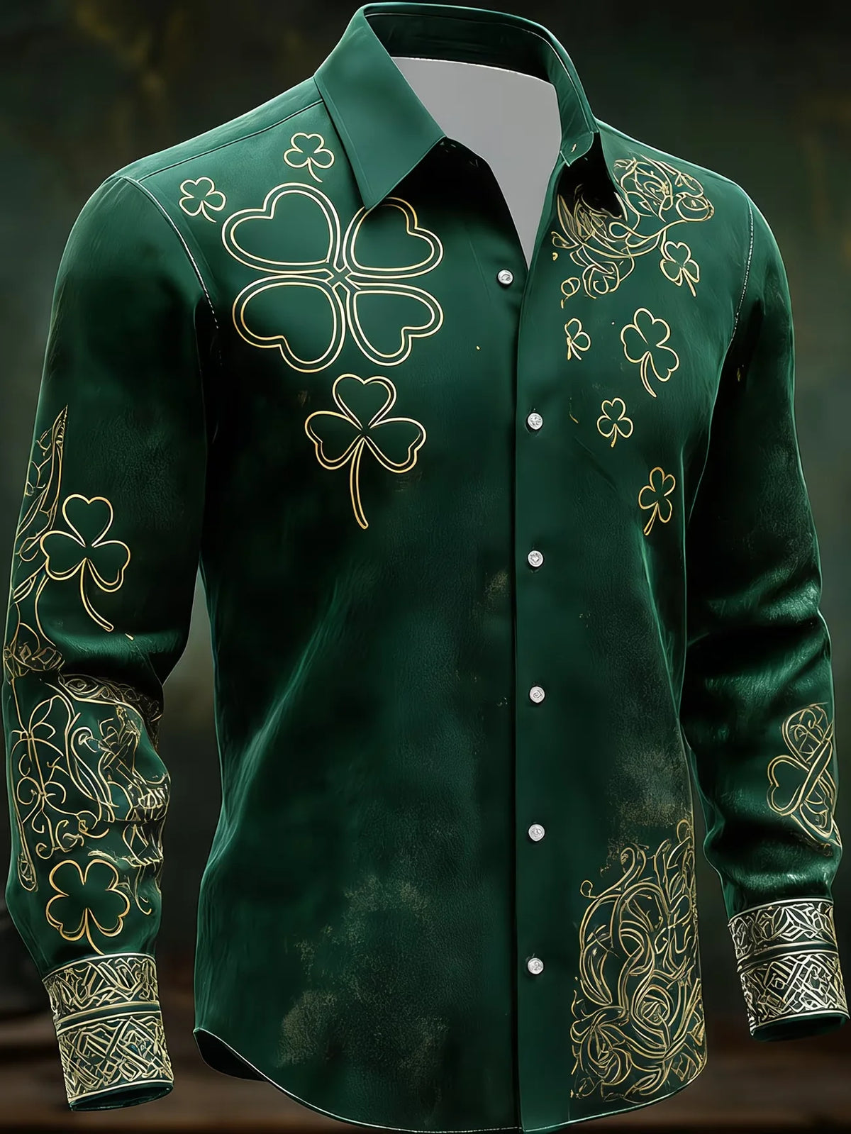 New men's 3D clover print retro pattern casual long sleeved casual shirt fashionable lapel top clothing
