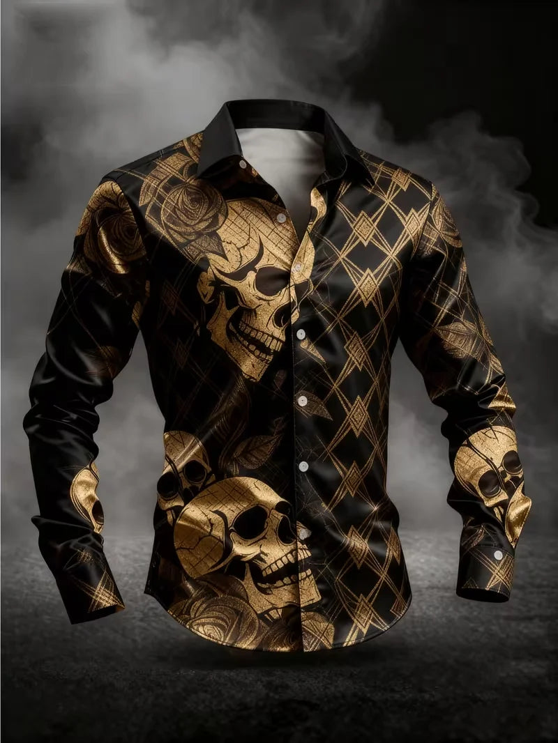 New Men's Long Sleeved Shirt 3D Skull Print Rose Series Gold Black Skull Men's Top Soft Long Sleeved Shirt