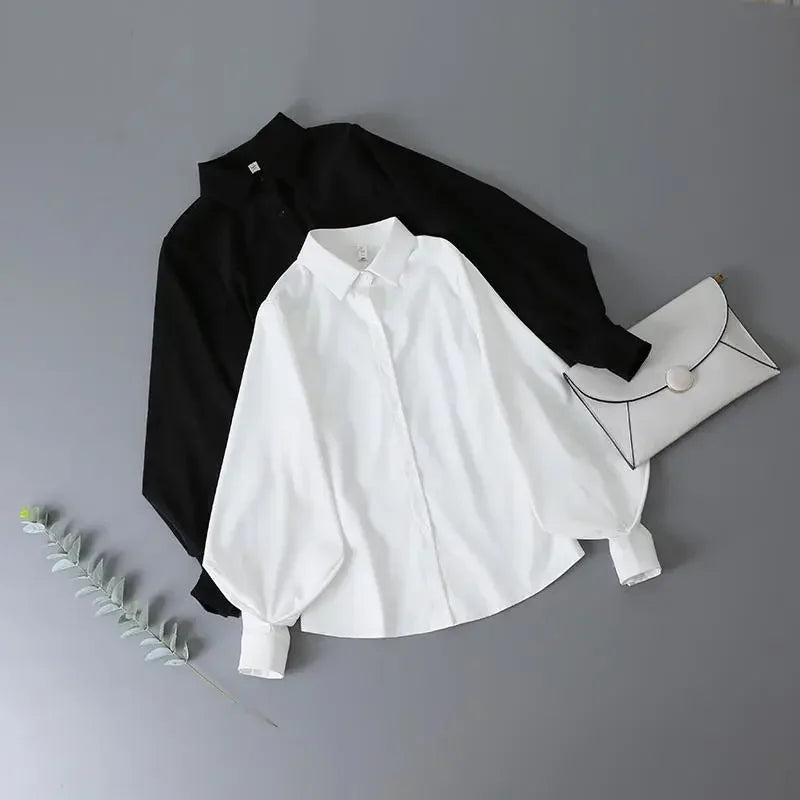Women Blouse Black Autumn Loose Long Sleeve Top OL Casual Polo Collar Shirt Blusas Ropa De Mujer