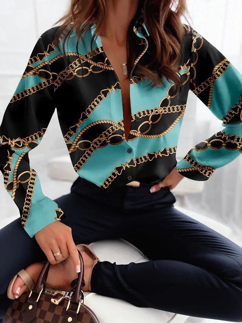 Women's 3D Chain Stitching Printed Polyester Long Sleeve Shirt Spring and Autumn Fashion Casual Daily Wear Lapel 3D Shirt