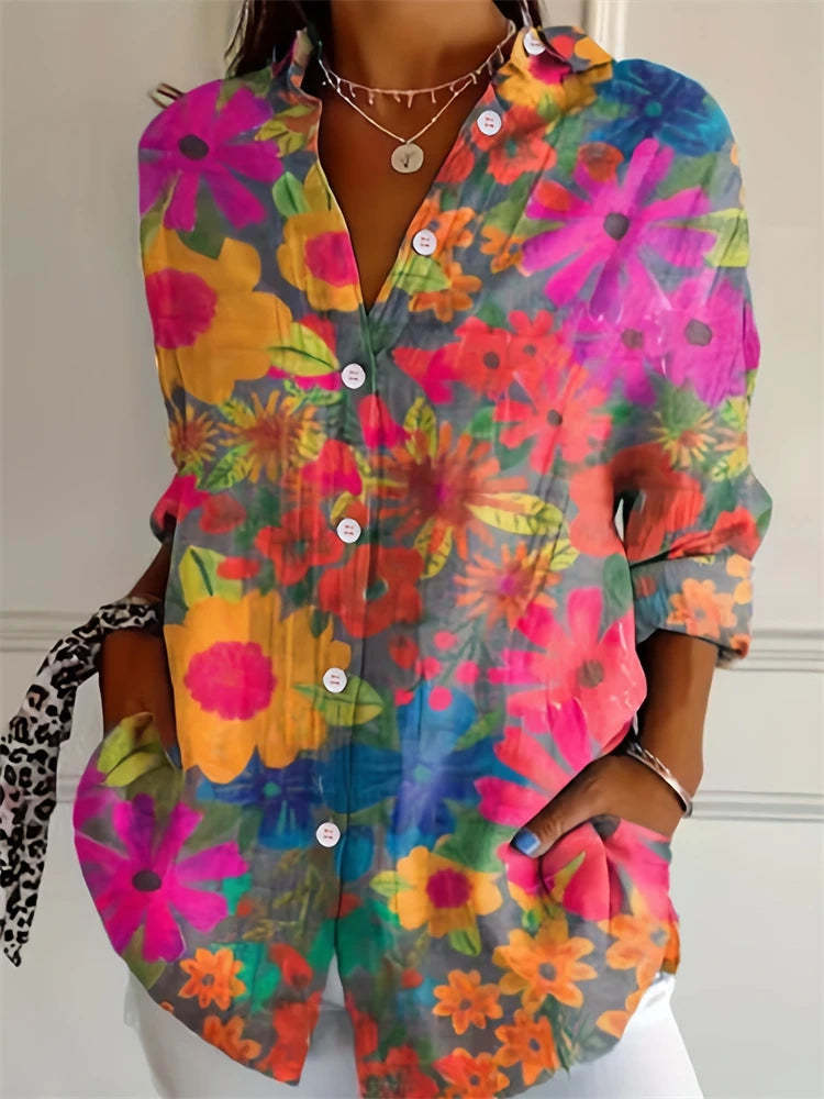 New Summer Fashion Women's Lapel Shirt Big Size Button Long Sleeve Daily Weekend V Neck Tops Floral Printed Loose Casual Shirt