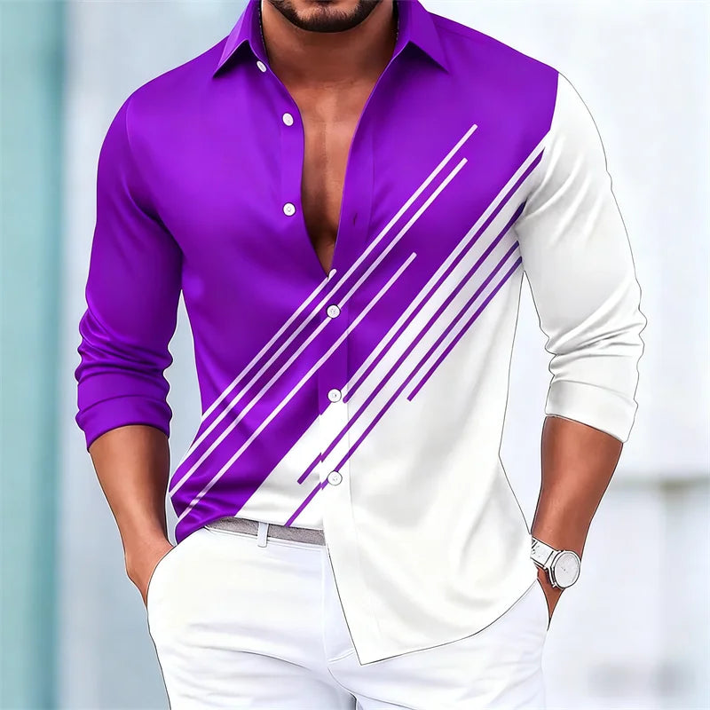 Men's stylish contrasting striped long-sleeved shirt, European and American style slim-fit casual shirt, 15 colors available