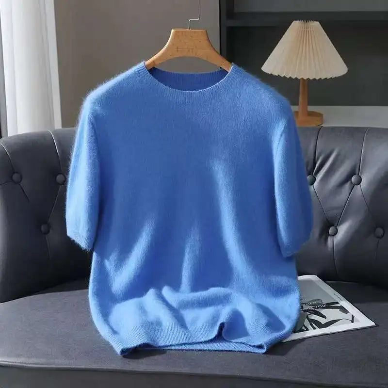 2026 Spring And Autumn New Men's Round Neck Solid Color Mink Fleece Sweater Youth Casual Hoodie Half Sleeve Knitted T-shirt Base