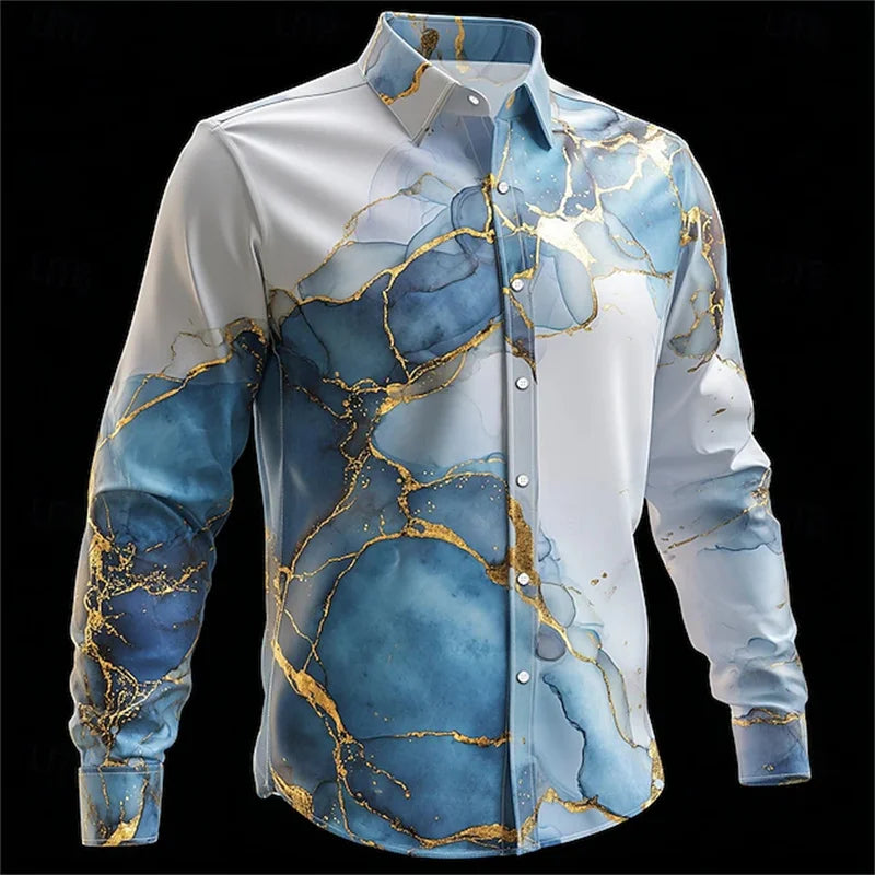 Men's blue and gold marble print long-sleeved shirt. Fashionable casual design, slim fit for banquets and business suits. XS-6XL