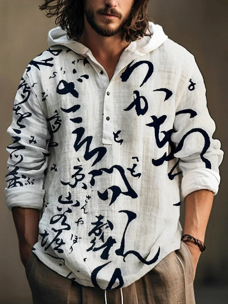 Spring and Autumn Men's Shirt Linen Fashion Casual Bamboo Hawaiian Style Printed Shirt Men's Top Long Sleeve Hooded Pullover