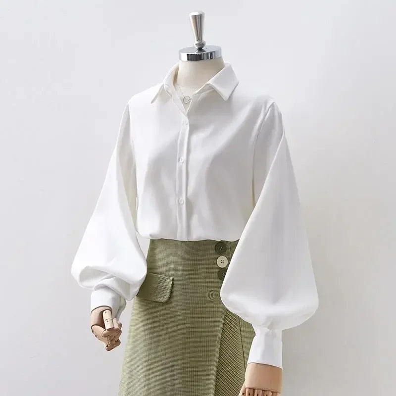 Women Blouse Black Autumn Loose Long Sleeve Top OL Casual Polo Collar Shirt Blusas Ropa De Mujer