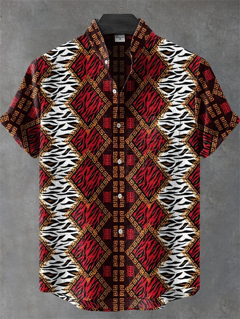New Men's Striped Linen 80% Short Sleeve Shirt 3D Music Printed Comfort Button Shirt Hawaiian Shirt