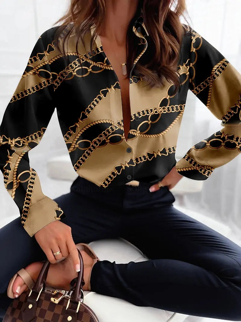 Women's 3D Chain Stitching Printed Polyester Long Sleeve Shirt Spring and Autumn Fashion Casual Daily Wear Lapel 3D Shirt