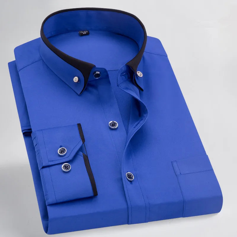 New Men's Business Shirt Long Sleeve Spring Autumn Contrast Collar Paired With Diamond Anti Wrinkle Buttoned Pink For Wedding