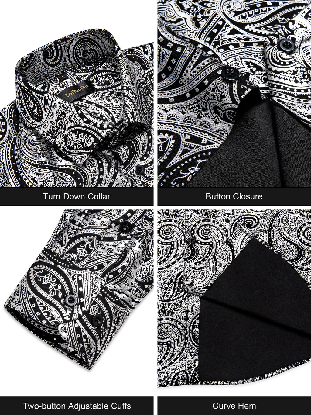 Men's Black and Silver Paisley Dress Shirts for Wedding Prom Clothing Luxury Tops