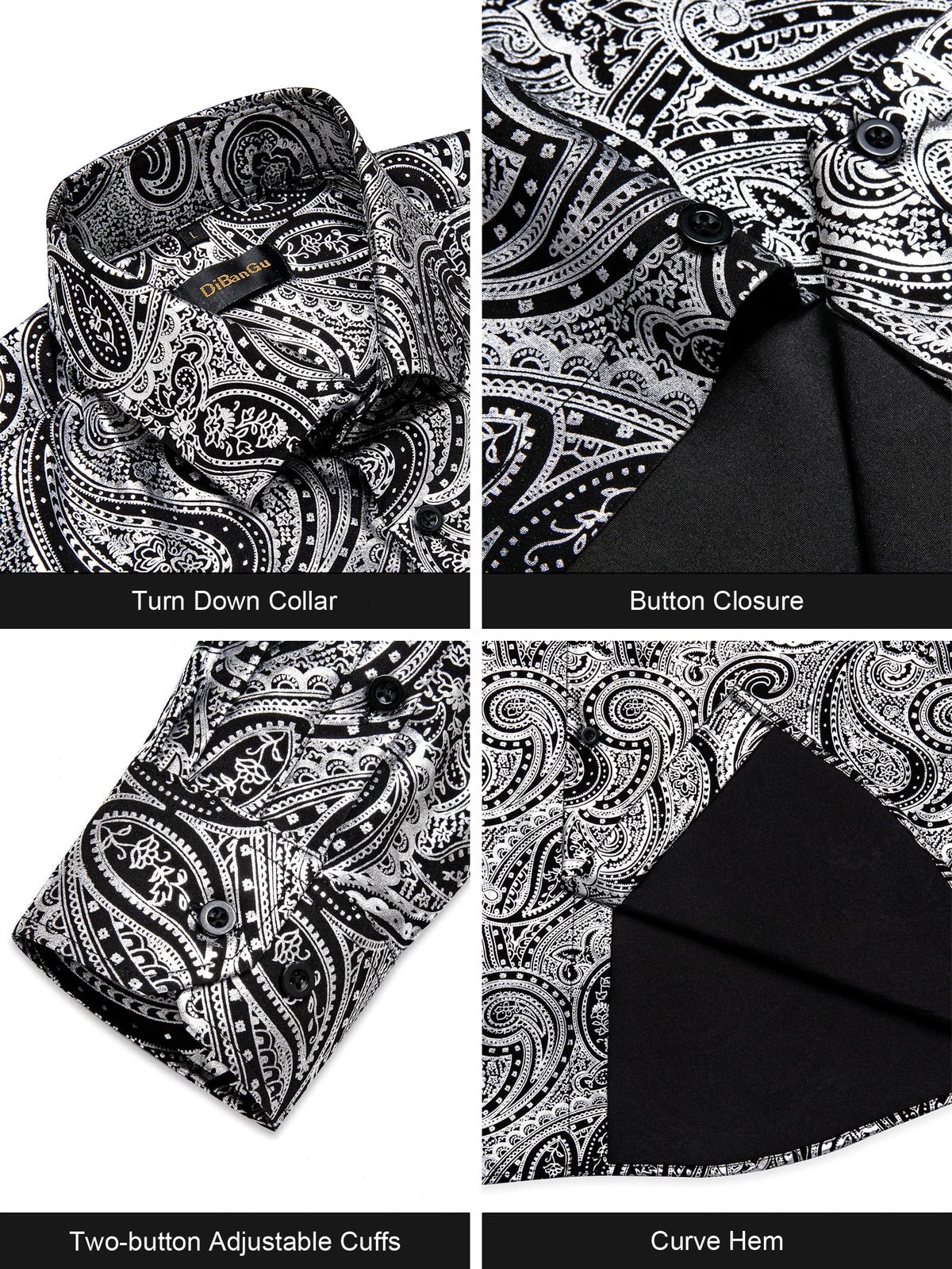 Men's Black and Silver Paisley Dress Shirts for Wedding Prom Clothing Luxury Tops