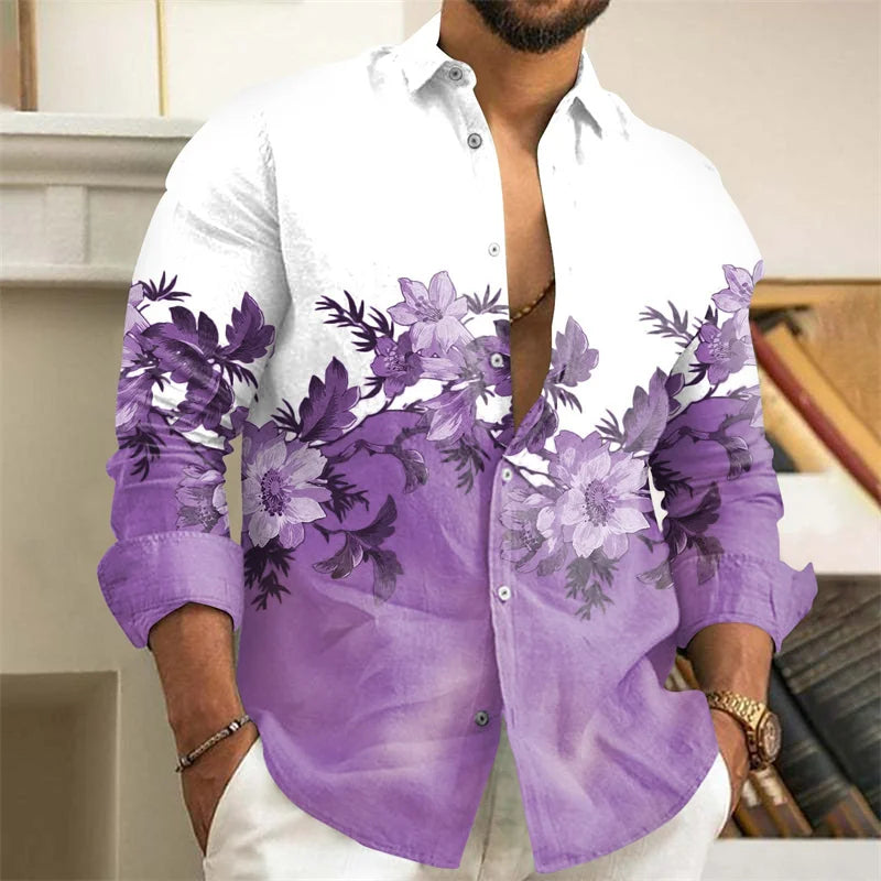 Men's Shirt 3D Floral Print Lapel Long Sleeve Men's Tops Vintage 2025 Street Trend Outdoor Fashion Dress Designer XS-6XL