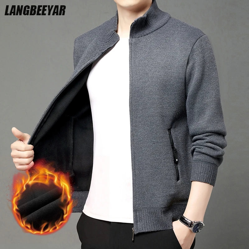 Premium Thick Korean Fleece Warm New Brand Casual Fashion Stand Collar Men Zipper Jacket Slim Fit Autumn Winter Coats