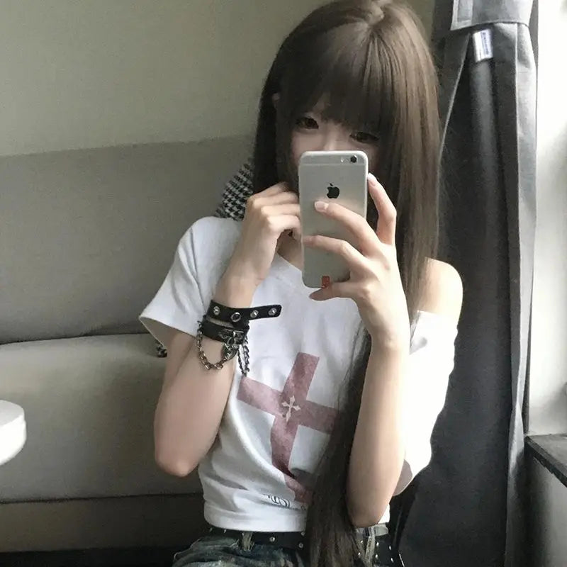 Seeslim Gothic Off Shoulder Cross Graphic T Shirts 2000s Clothes Y2k Short SLeeve Tees Female Clothing Goth Summer Tops T-shirt